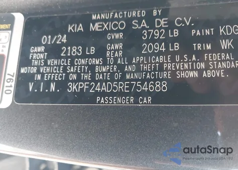 2024 Kia Forte Lxs z USA, uszkodzony, nr VIN 3KPF24AD5RE754688